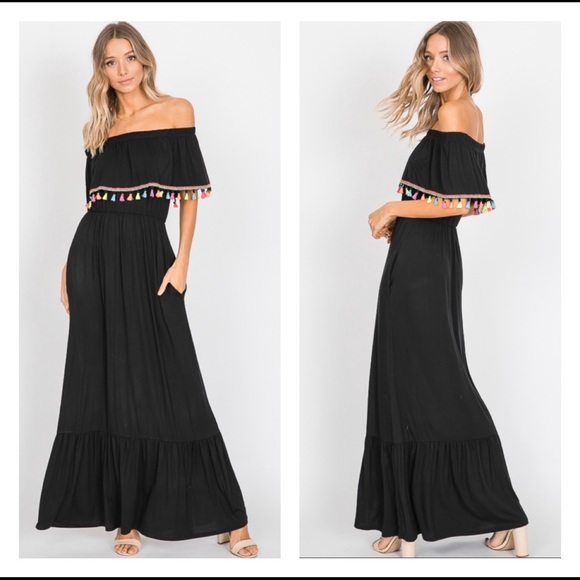 Dresses & Skirts - Boho rainbow Pom Pom off shoulder maxi dress